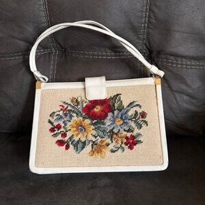 Vintage Floral Needlepoint Handbag With White Faux Leather & Gold-Tone Accents